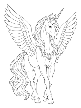 A realistic alicorn coloring page featuring a graceful winged unicorn wearing a medallion.