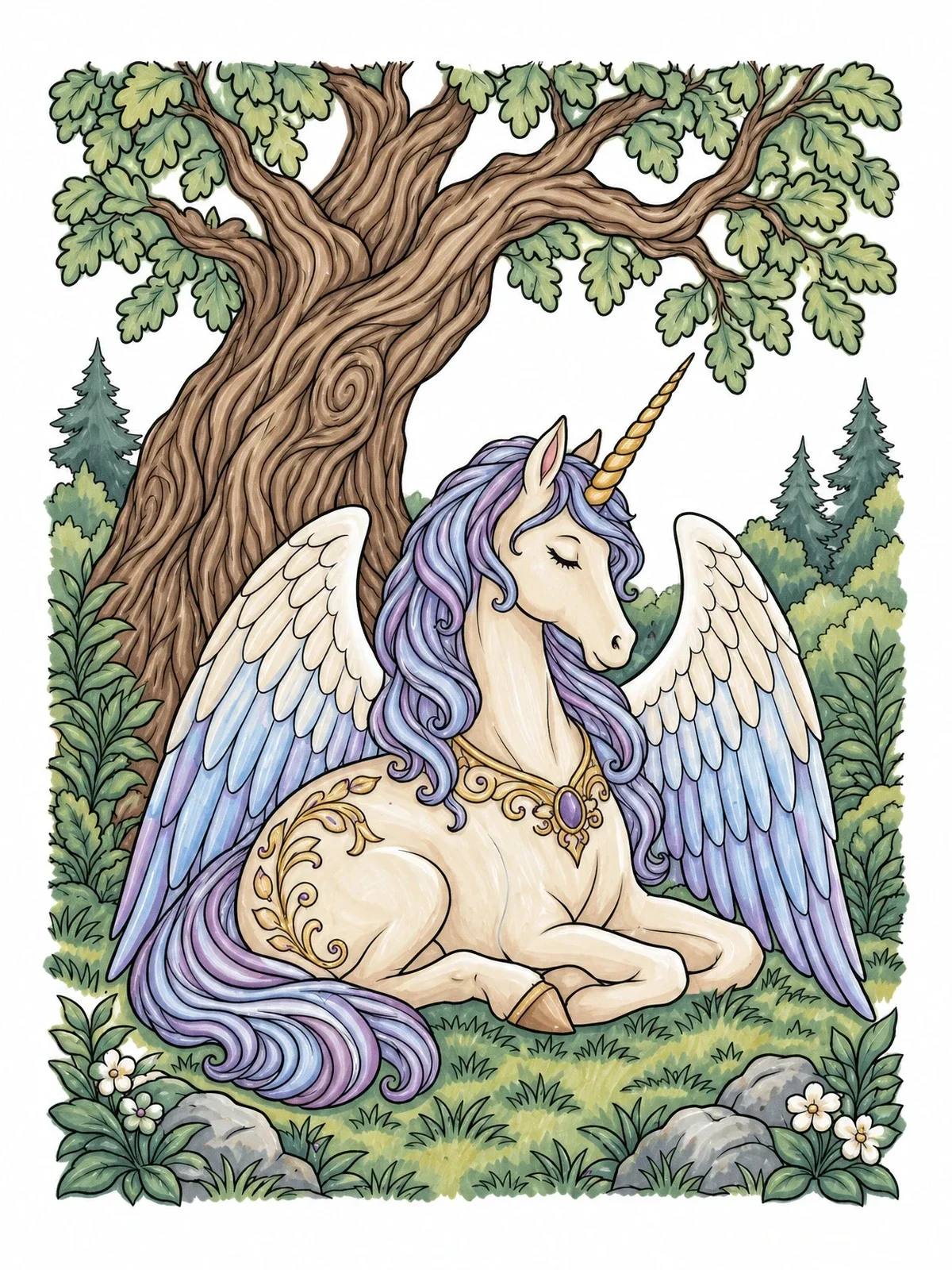 Colored example of the Serene Alicorn Resting Under Ancient Oak coloring page