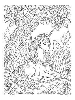 A realistic alicorn coloring page featuring a winged unicorn resting peacefully under a large oak tree.