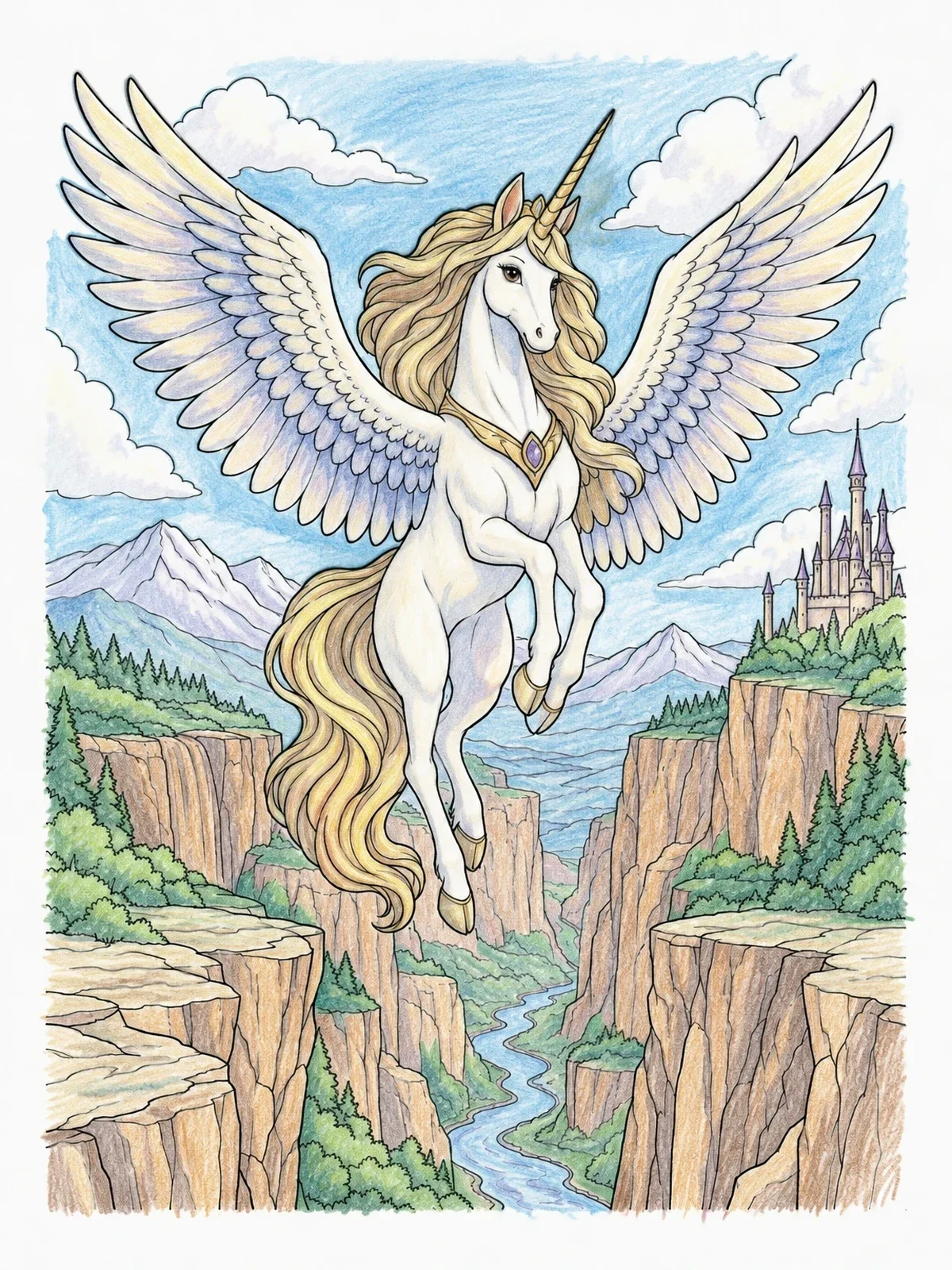 Colored example of the Majestic Alicorn Soaring Over Canyon coloring page