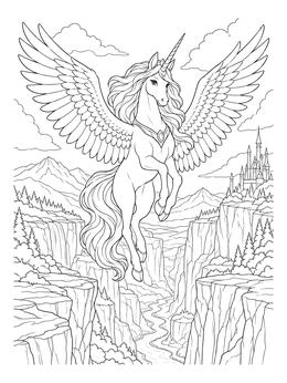 Free printable Majestic Alicorn Soaring Over Canyon coloring page