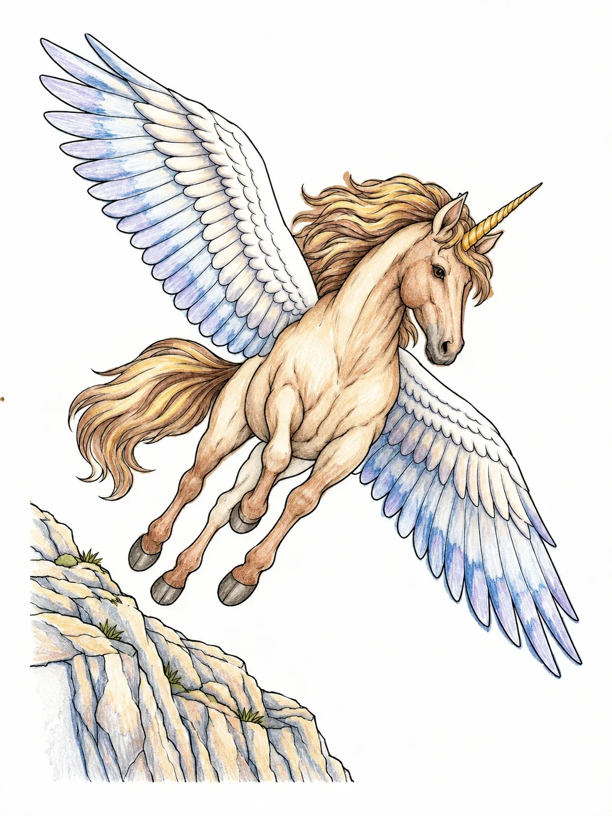 Colored example of the Majestic Alicorn Soaring Over Cliffs coloring page