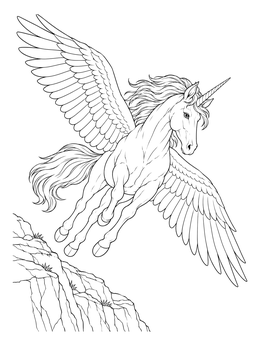 Free printable Majestic Alicorn Soaring Over Cliffs coloring page