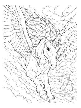 Free printable Majestic Alicorn Flying Through Storm coloring page