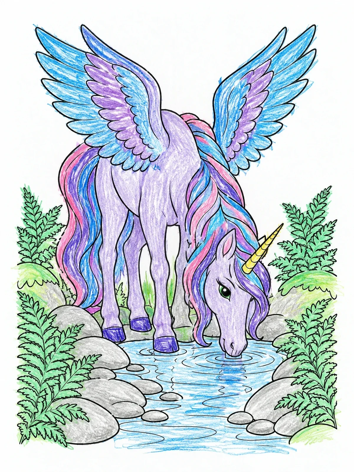 Colored example of the Winged Unicorn Drinking From Forest Stream coloring page