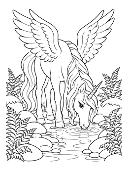 Free printable Winged Unicorn Drinking From Forest Stream coloring page