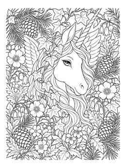 A detailed realistic alicorn coloring page surrounded by pine cones, ivy, and forest flowers.
