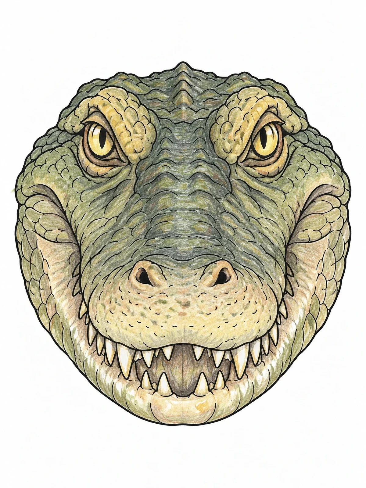 Colored example of the Realistic Alligator Face Close Up coloring page