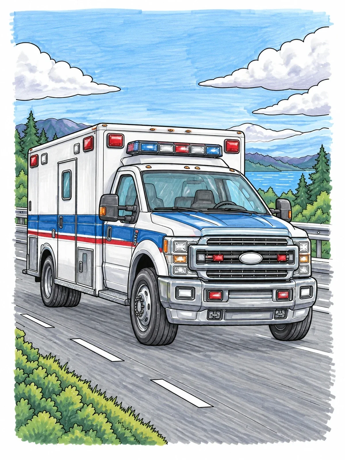 Colored example of the Realistic Ambulance On Highway coloring page