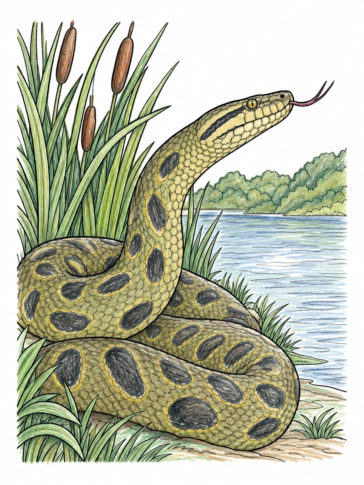 Colored example of the Realistic Anaconda By The Riverbank coloring page