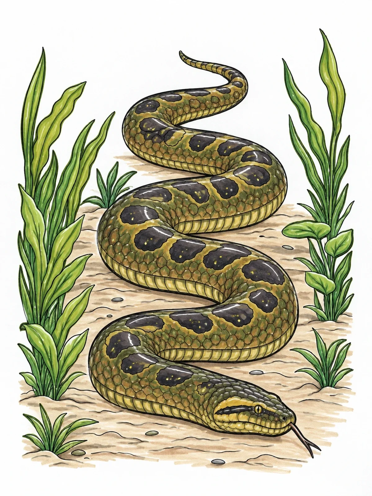 Colored example of the Realistic Anaconda Slithering Underwater coloring page