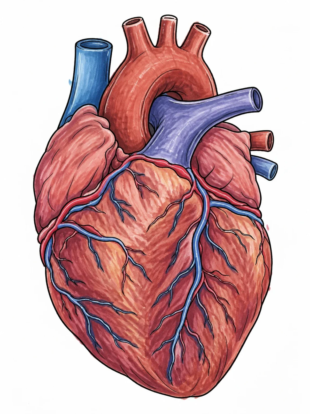 Colored example of the Realistic Anatomical Human Heart Structure coloring page