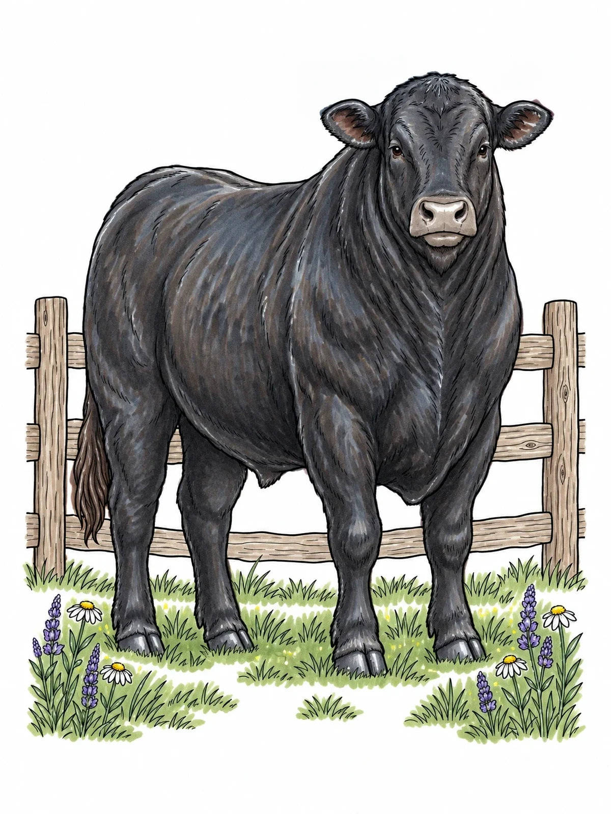 Colored example of the Realistic Angus Bull By Wooden Fence coloring page