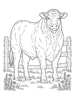 A realistic bull coloring page showing an Angus bull standing in a pasture with flowers by a wooden fence.