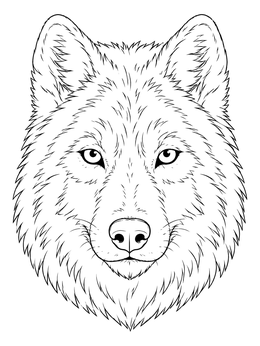 A detailed arctic wolf coloring page featuring a front-facing portrait with intricate fur textures.