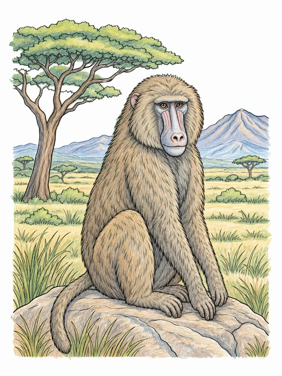 Colored example of the Baboon In African Savannah coloring page