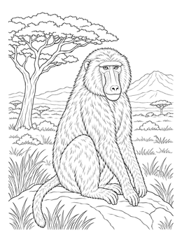 A detailed baboon coloring page featuring a baboon sitting on a rock in the savannah.