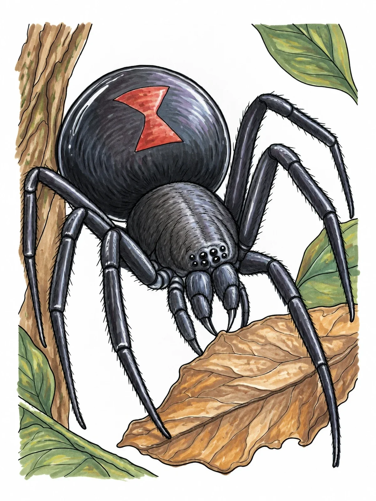 Colored example of the Realistic Black Widow Spider On Leaf coloring page
