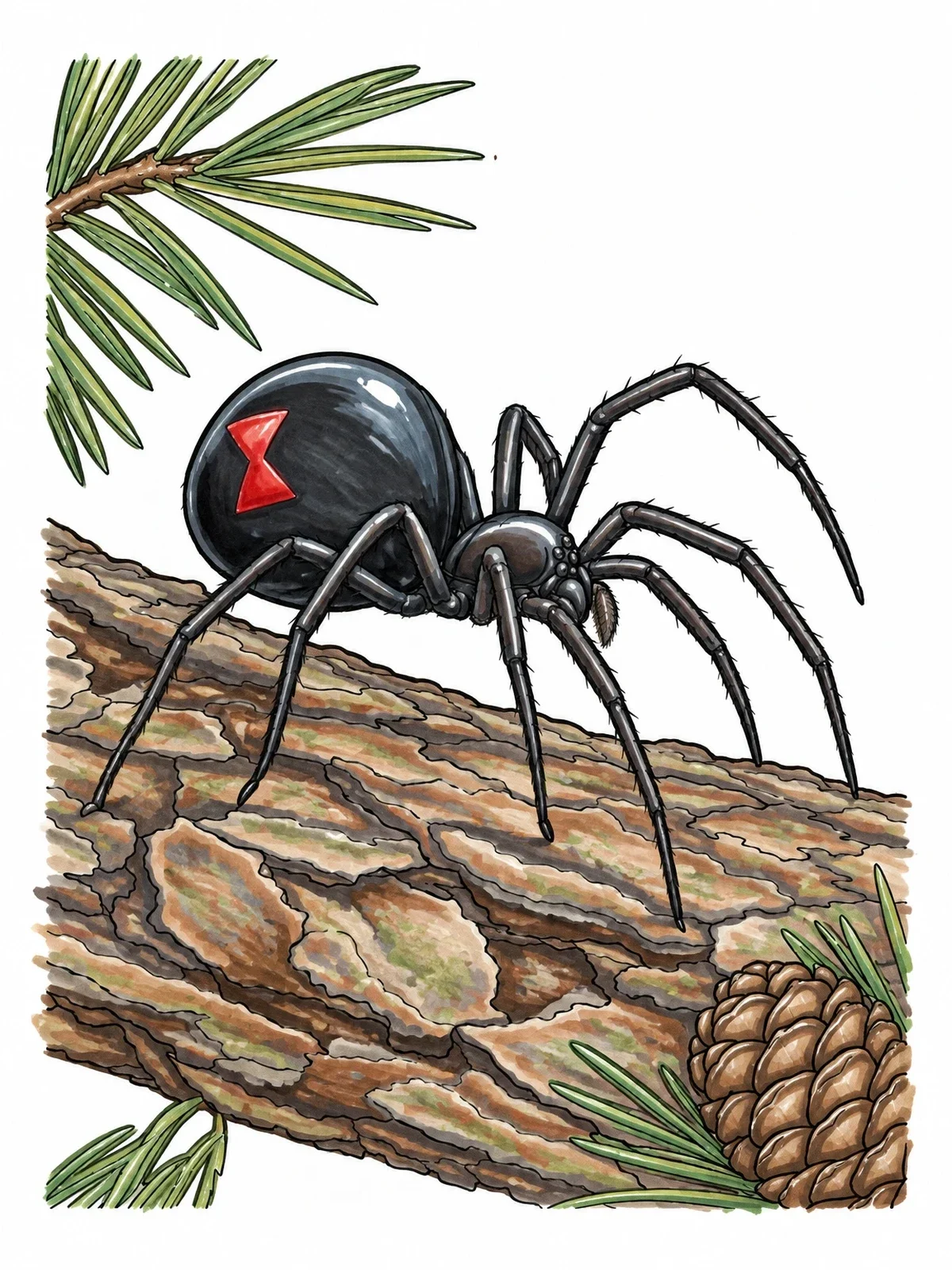 Colored example of the Realistic Black Widow Spider On Bark coloring page