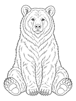 A detailed brown bear coloring page showing a furry bear sitting upright with large paws.