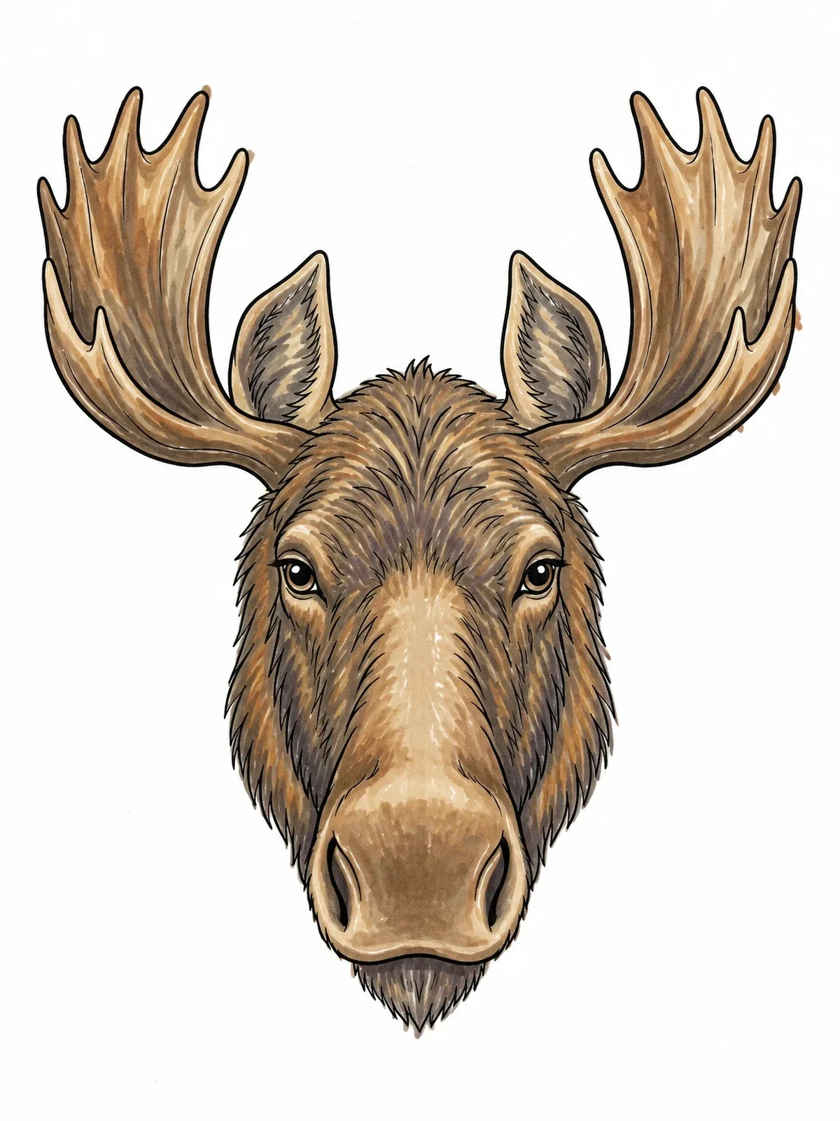 Colored example of the Realistic Bull Moose Portrait coloring page