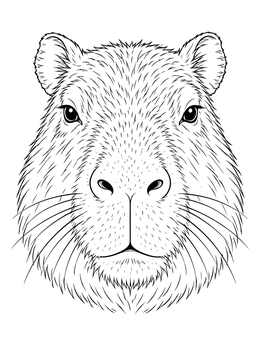 Detailed capybara coloring page showing a close-up portrait with textured fur and whiskers.