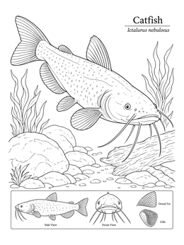 A detailed catfish coloring page showing the fish underwater with anatomical diagram insets.