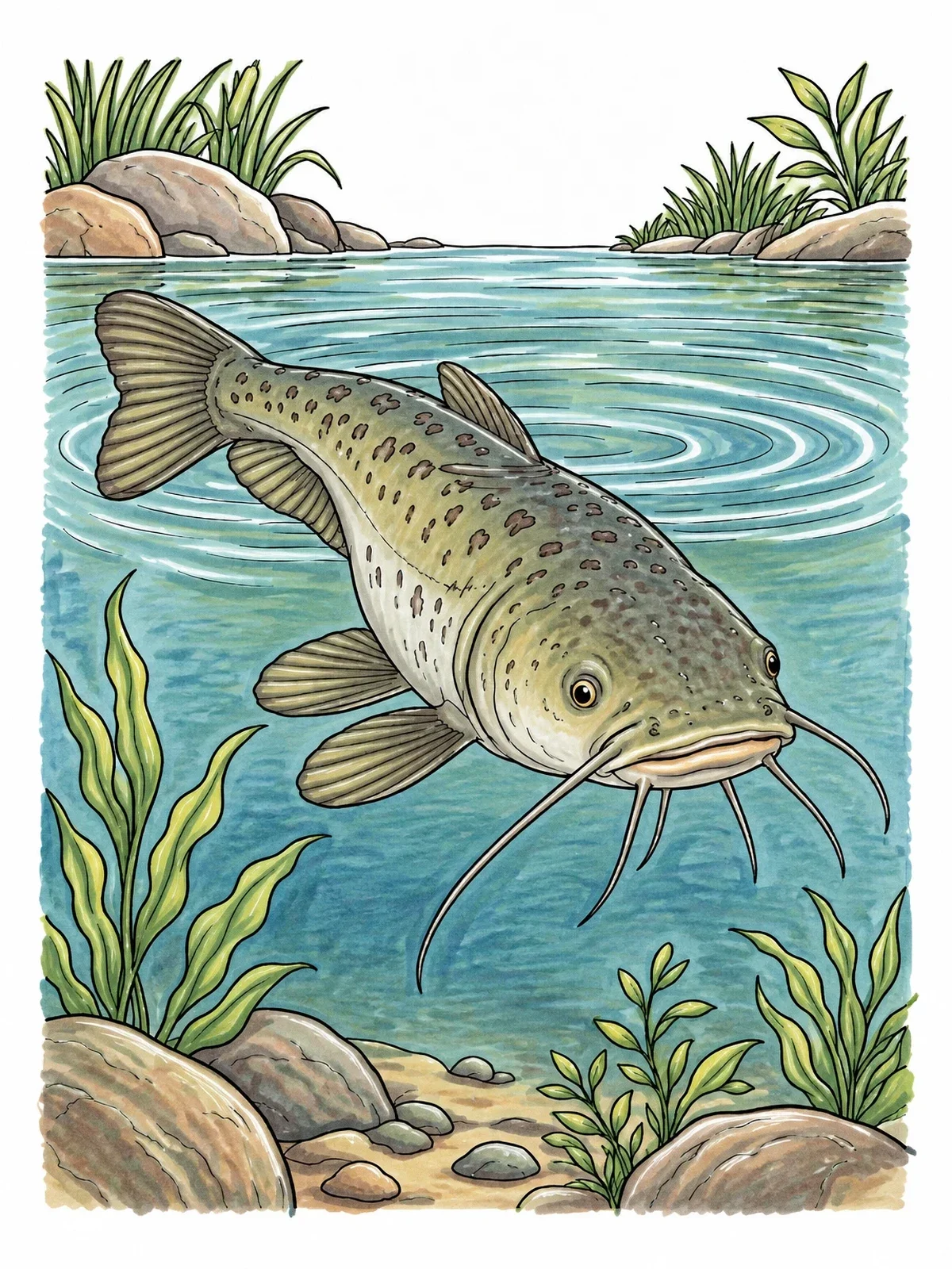 Colored example of the Realistic Catfish Swimming Near The Surface coloring page