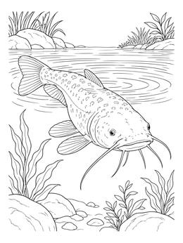 A detailed catfish coloring page showing the fish swimming below gentle water ripples.