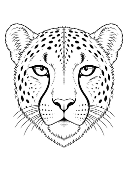 A detailed cheetah coloring page featuring a front-facing portrait of a wild cat head.