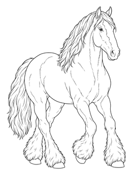 A detailed clydesdale coloring page showing a majestic draft horse with feathered hooves.