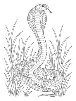 A detailed cobra coloring page showing a serpent with spread hood resting in tall grass.