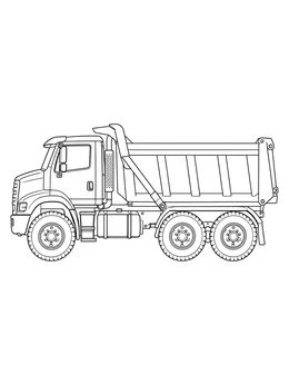 A detailed dump truck coloring page showing a side view of a heavy-duty construction vehicle.