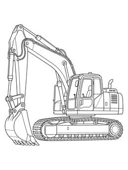 Detailed crawler excavator coloring page shown from the side with bucket lowered.