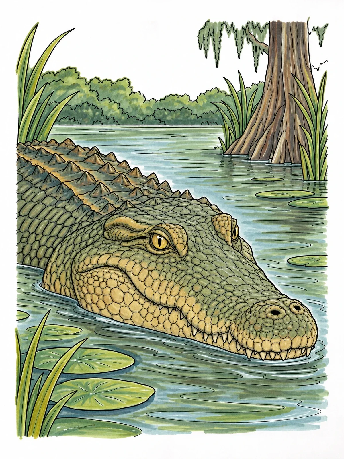 Colored example of the Realistic Crocodile In Swamp Water coloring page