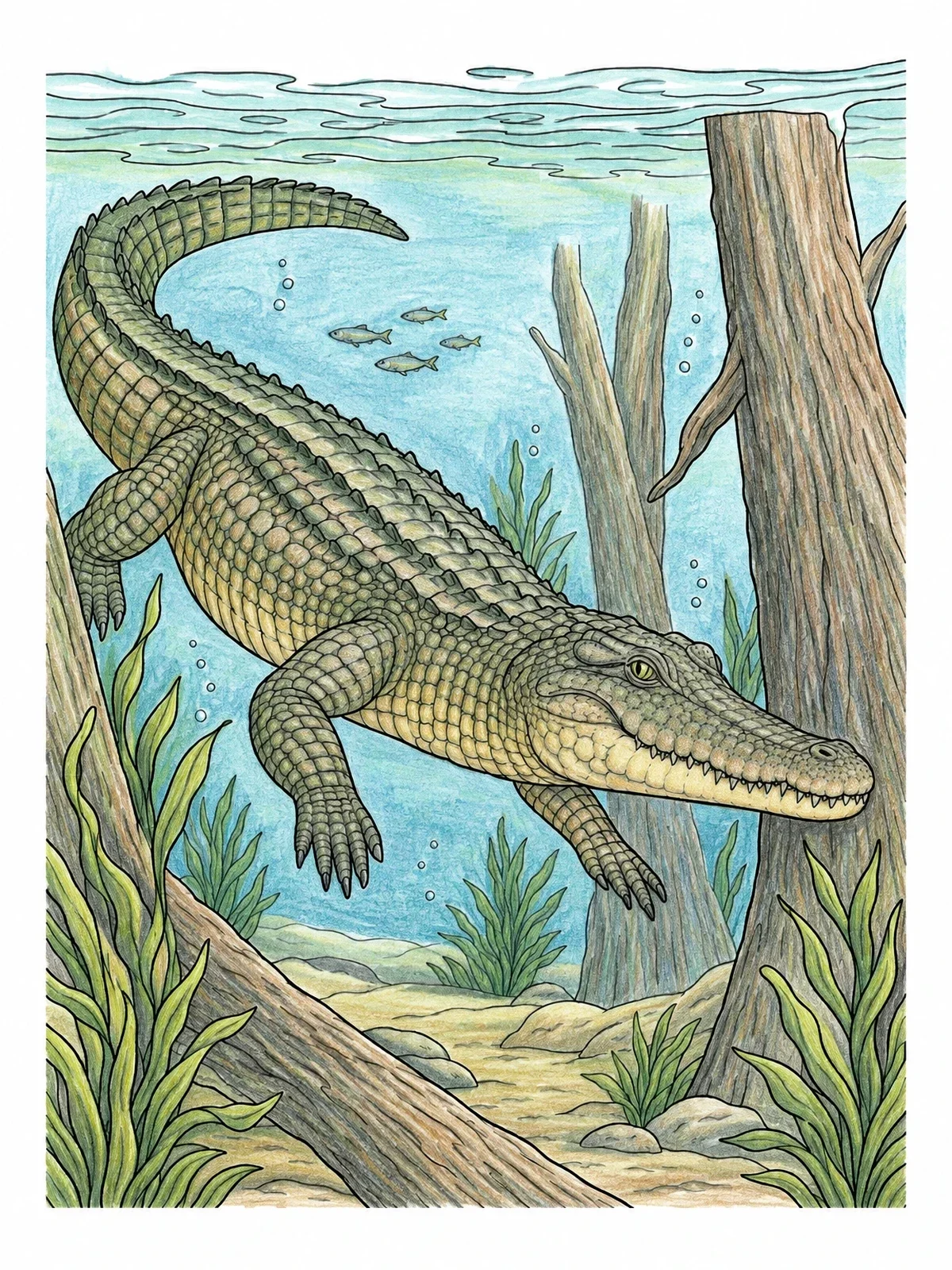 Colored example of the Crocodile Swimming Underwater coloring page
