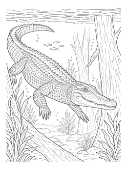 A detailed crocodile coloring page showing the reptile swimming underwater near river plants.