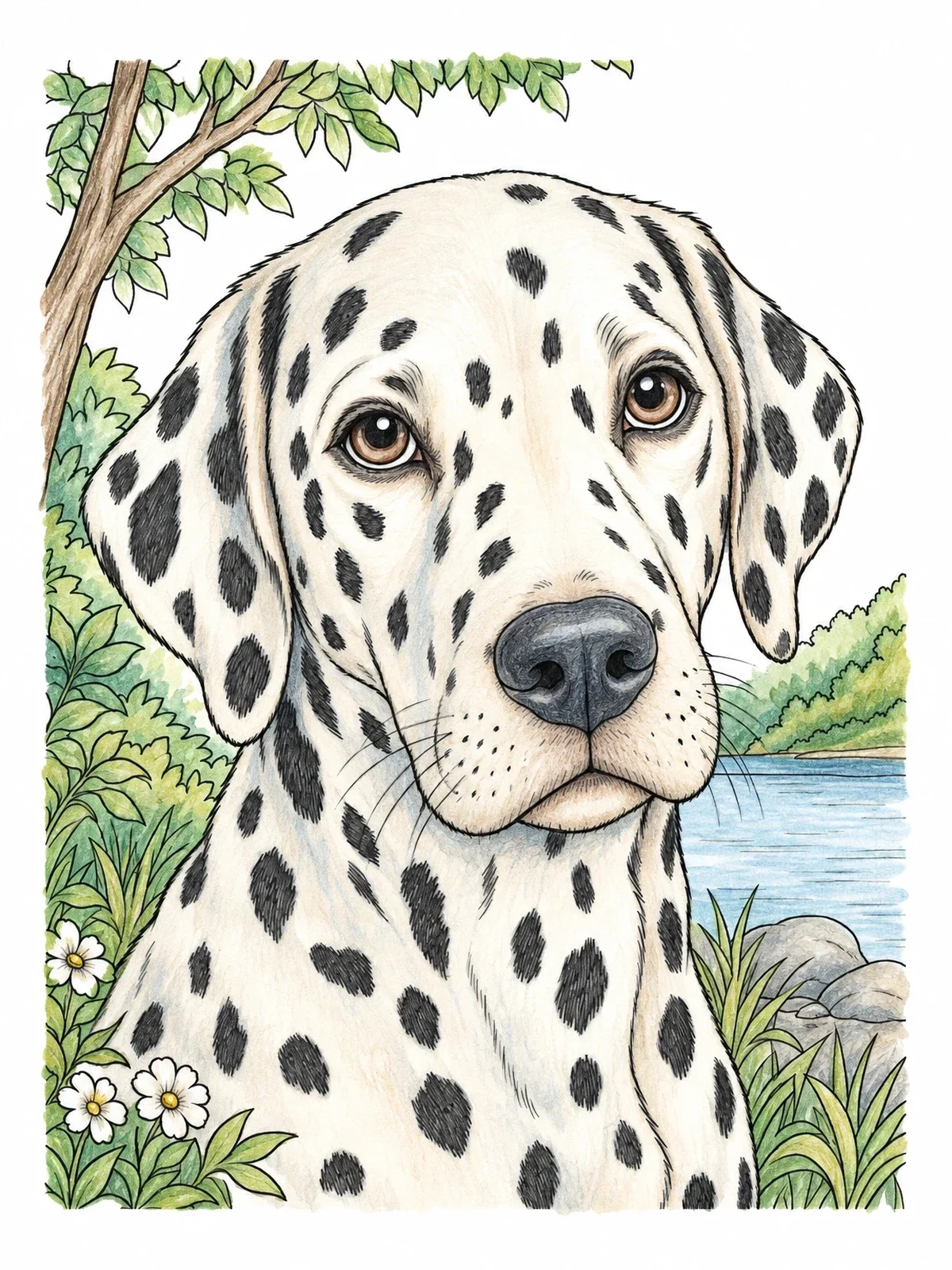 Colored example of the Realistic Dalmatian Portrait Outdoors coloring page