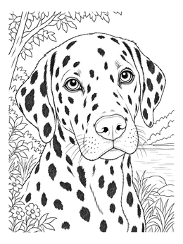 A realistic dalmatian coloring page featuring an alert dog outdoors by a lake.