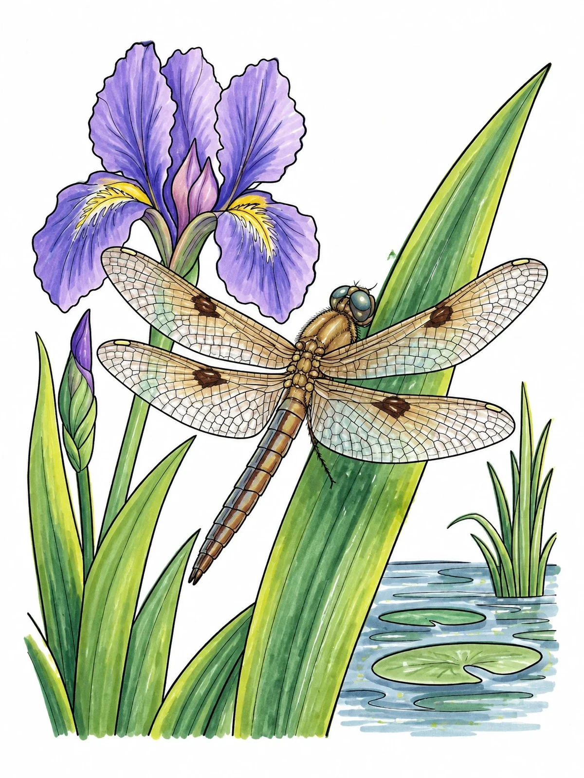 Colored example of the Dragonfly Resting By Iris Blooms coloring page