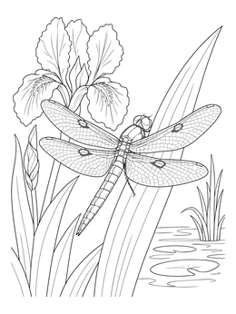 A detailed dragonfly coloring page resting beside blooming irises near water.