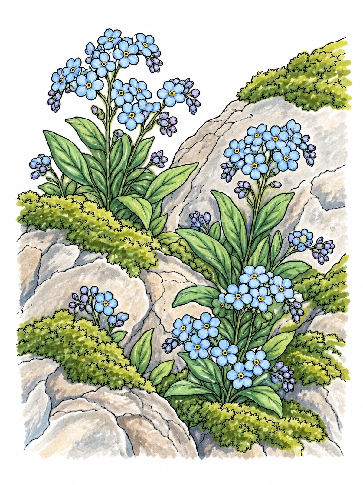 Colored example of the Alpine Forget Me Nots On Mossy Rocks coloring page