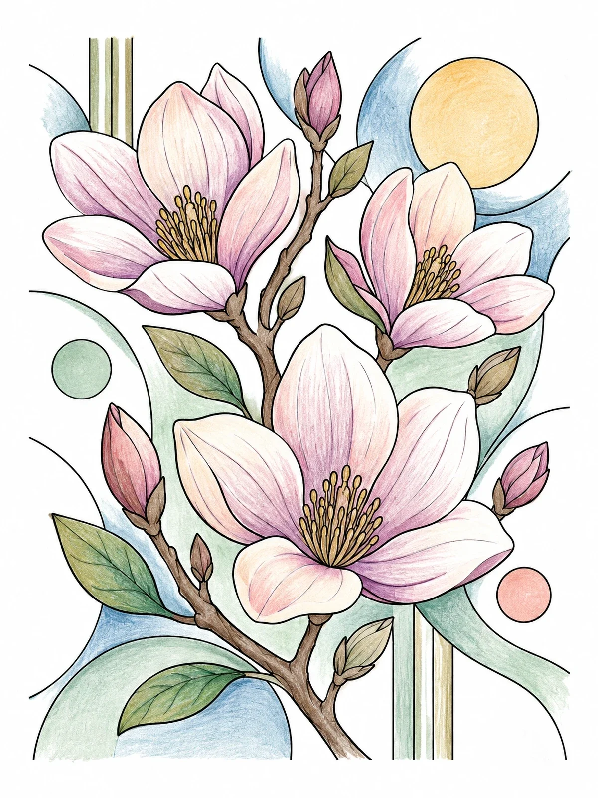 Colored example of the Magnolia Blossom Branch coloring page