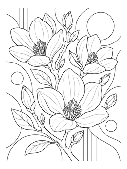 A realistic flowers coloring page showing blooming magnolias with buds and leaves on abstract lines.