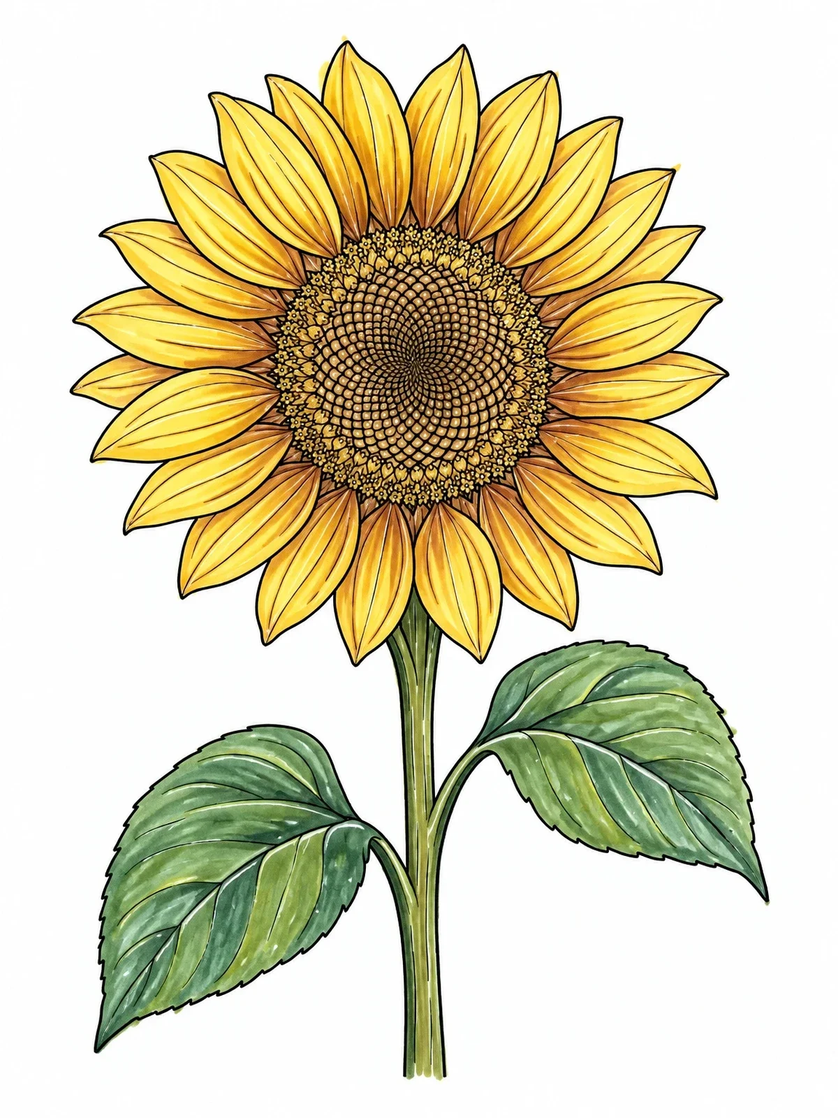 Colored example of the Detailed Blooming Sunflower With Leaves coloring page