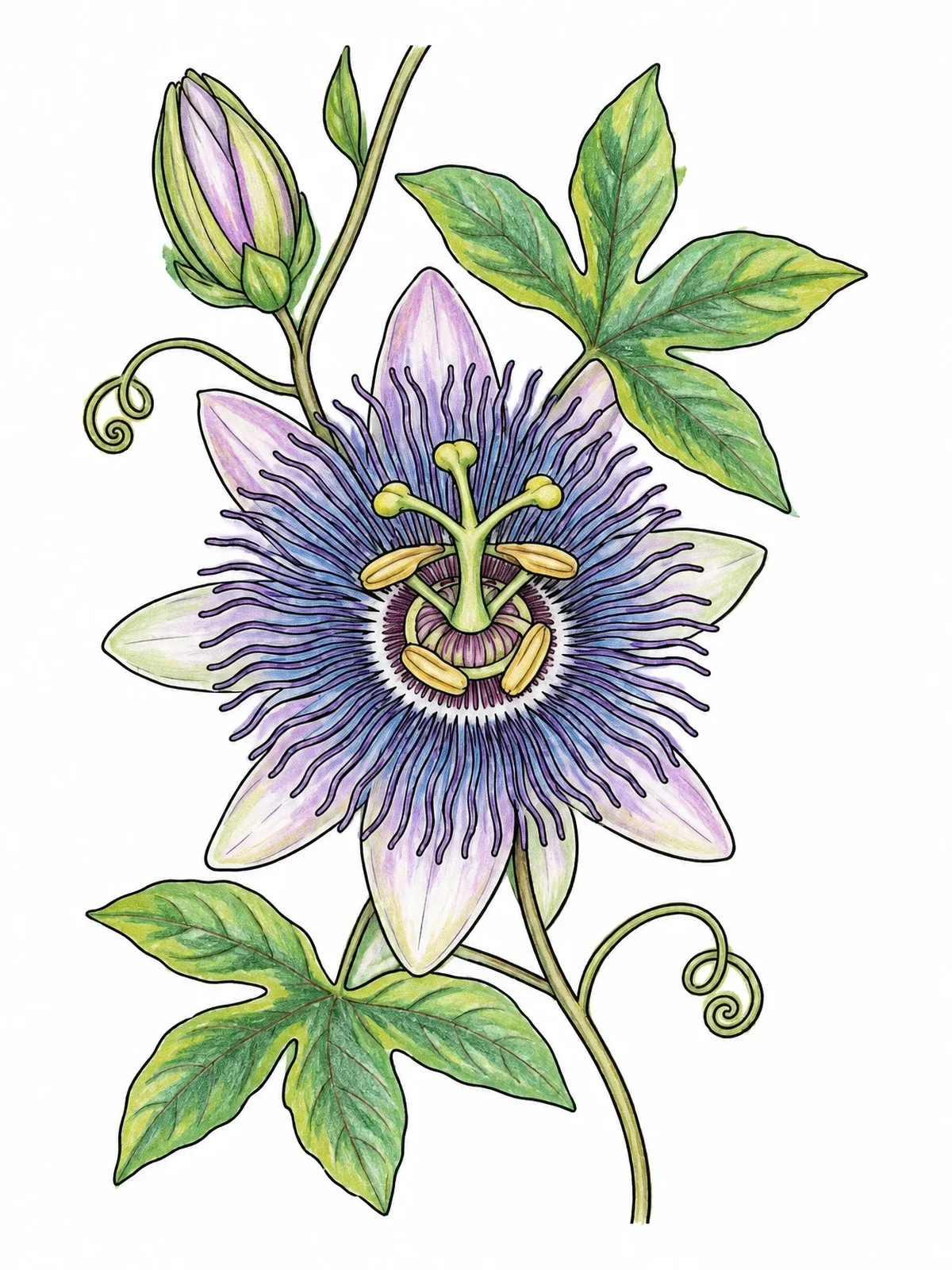 Colored example of the Detailed Passionflower Vine In Bloom coloring page