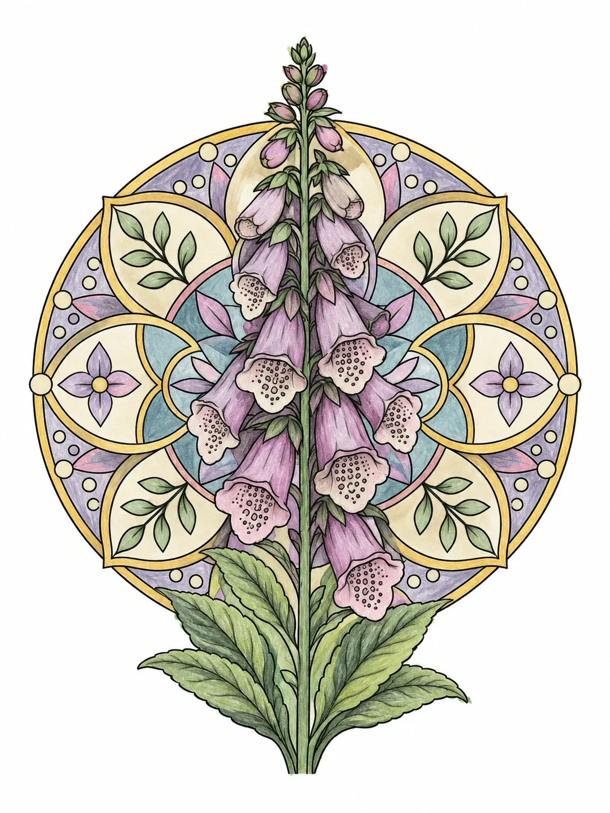 Colored example of the Foxglove Bloom With Geometric Mandala coloring page