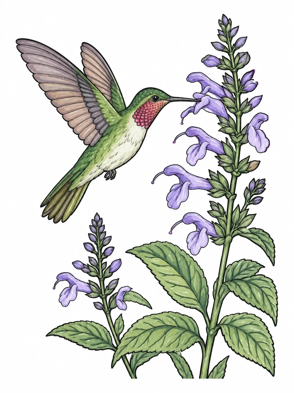 Colored example of the Hummingbird And Blooming Salvia Flowers coloring page