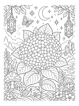 A realistic flowers coloring page with a blooming hydrangea, lanterns, and mushrooms under the night sky.