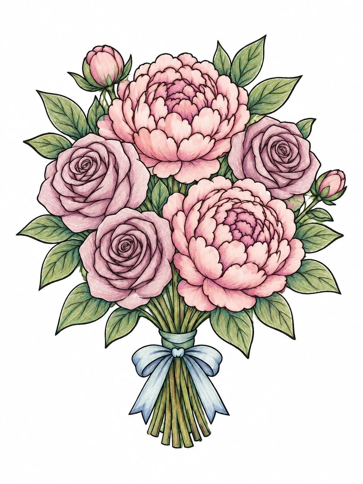 Colored example of the Bouquet Of Peonies And Roses coloring page